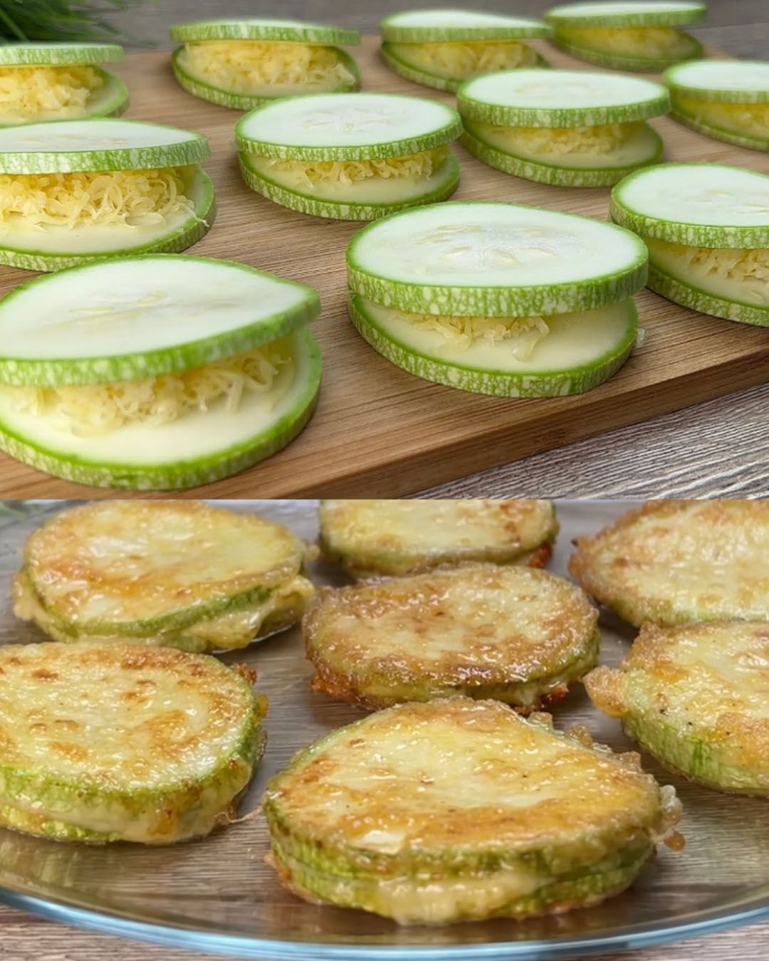 Pan-fried zucchini rounds topped with cheese