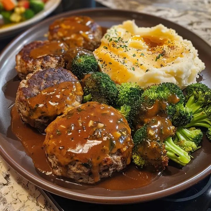 Salisbury steaks, mash potatoes, broccoli with cheese, and rolls.