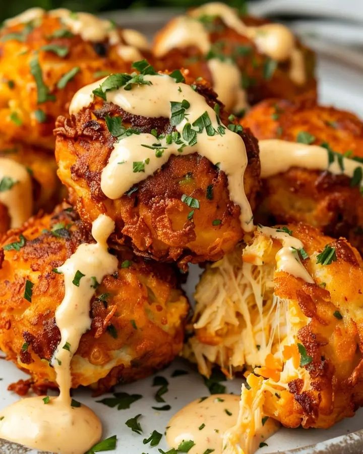 Cheesy Chicken Fritterss with a Spicy Mayo Drizzle