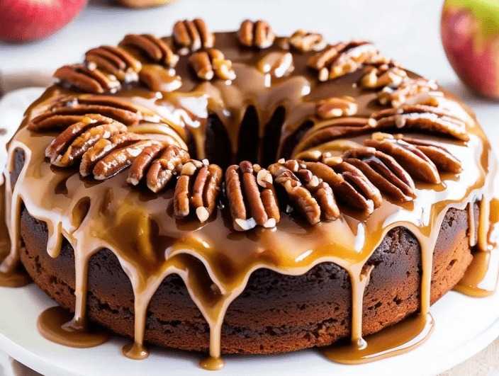 Apple Pecan Cake with Caramel Glaze