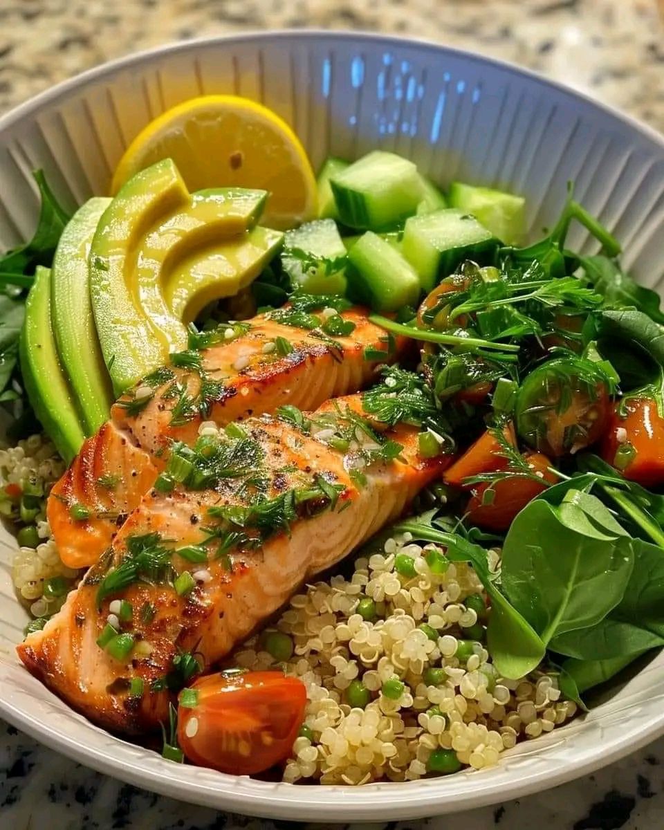 Lemon Herb Salmon and Avocado Quinoa Bowl