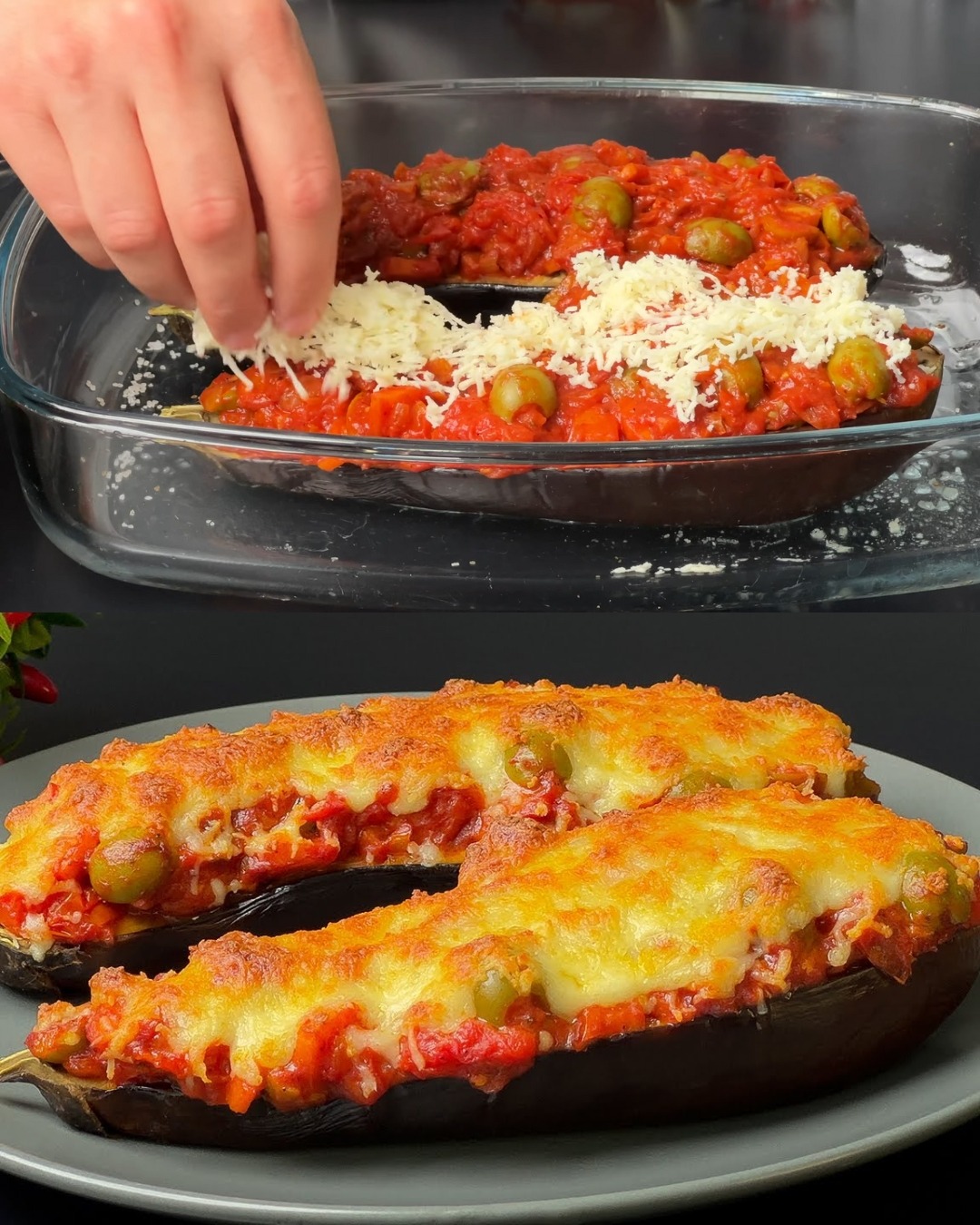 Baked Eggplant with Mozzarella, Cherry Tomatoes, and Olives