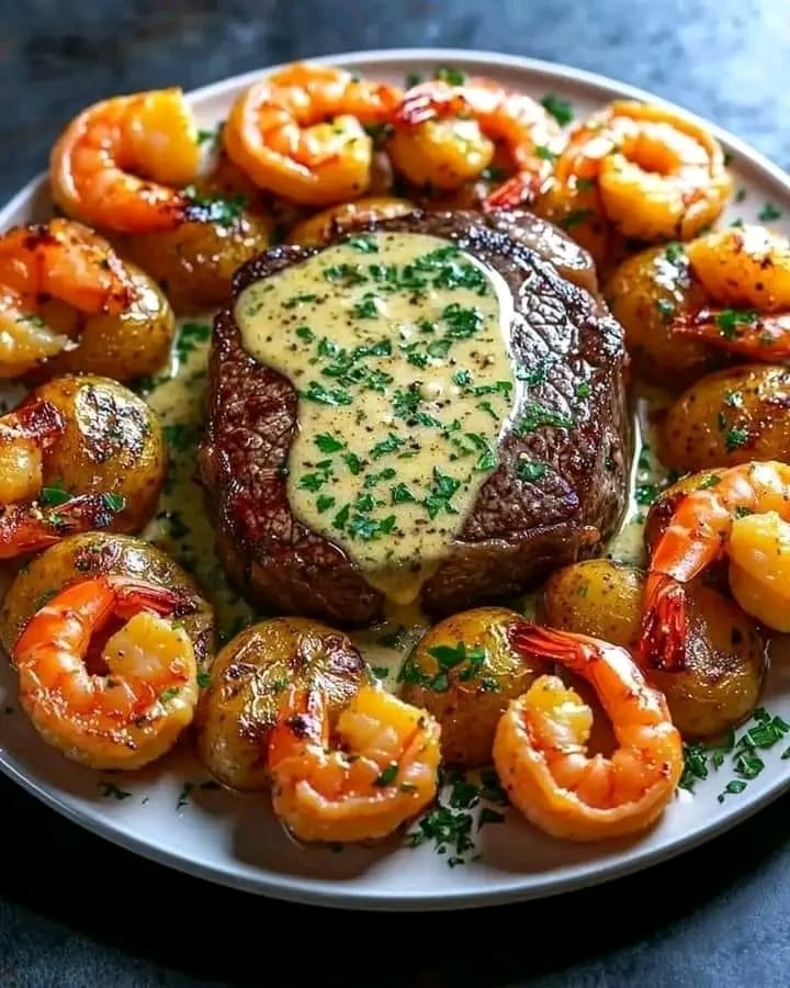 Steak with Shrimp and Garlic Butter Potatoes