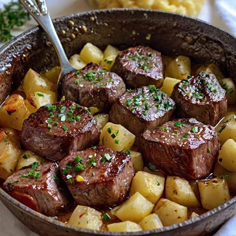 GARLIC BUTTER STEAK BITES AND MASH