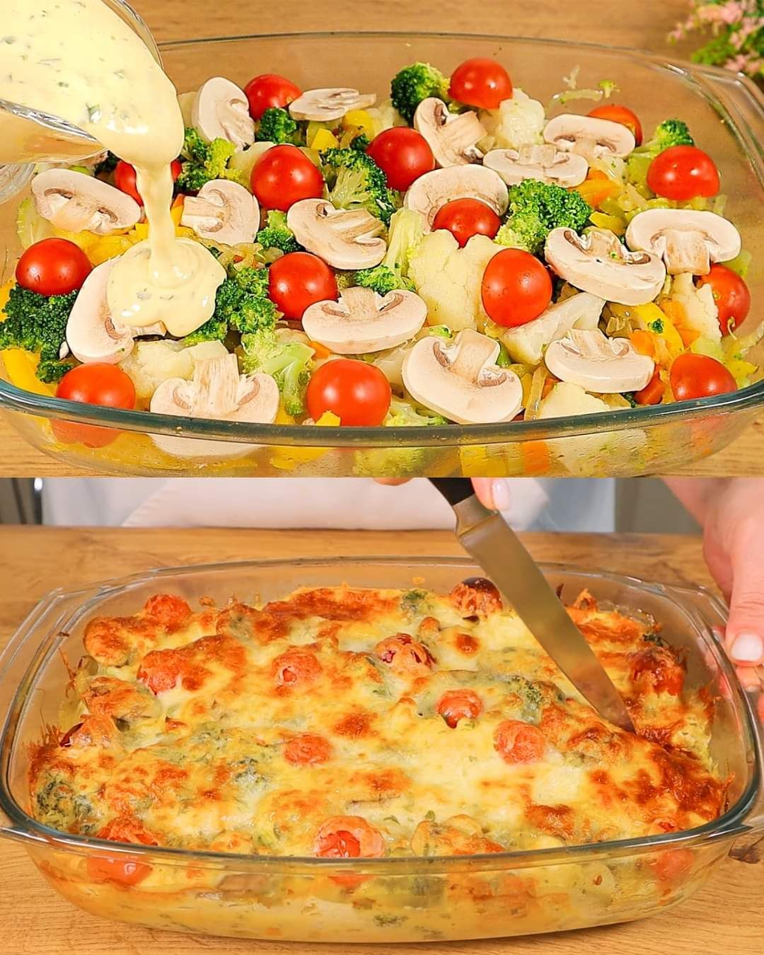 Vegetable Casserole with Mushrooms, Cherry Tomatoes, Broccoli, and Cheese