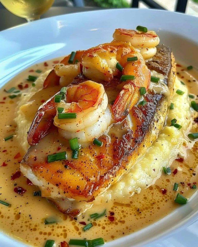 Red Snapper, Shrimp & Grits with a Cajun Cream Sauce