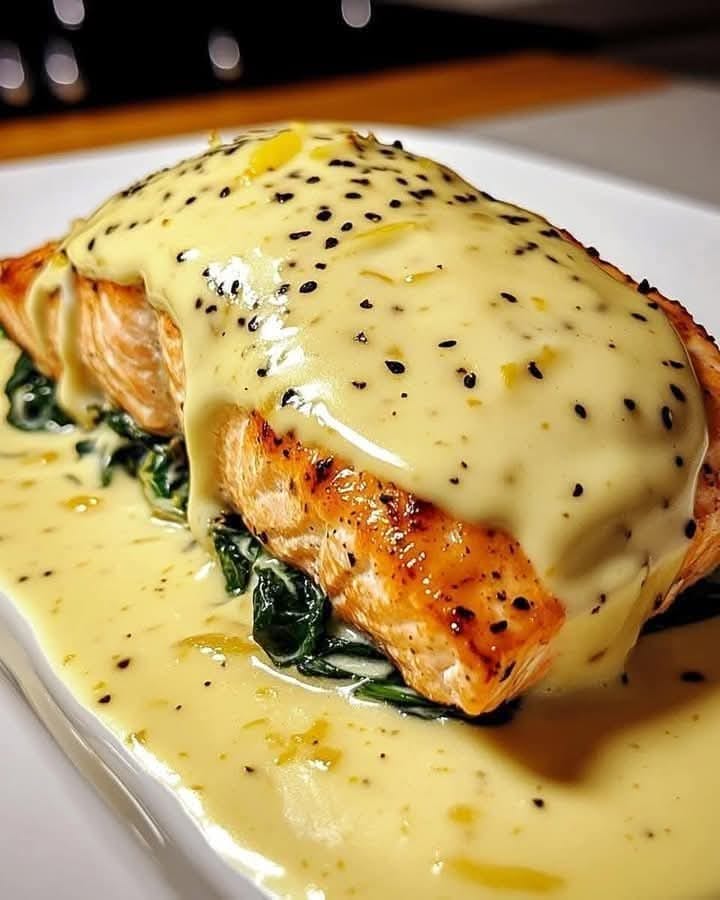 Spinach and Crab Stuffed Salmon with Lemon Cream Sauce