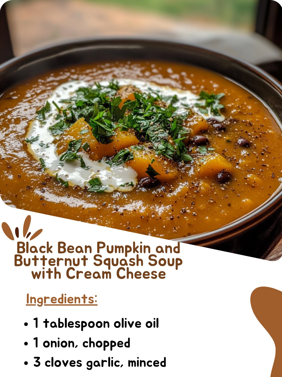 Black Bean Pumpkin and Butternut Squash Soup with Cream Cheese