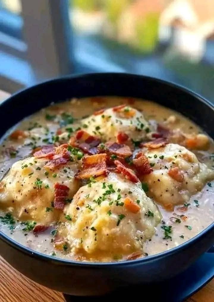 Cozy Chicken & Dumplings Soup with Smoked Bacon