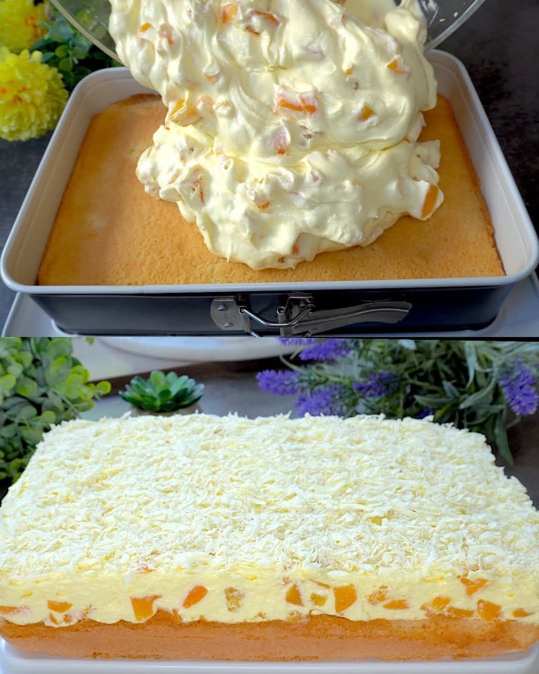 Vanilla Peach Cake with Cream and White Chocolate