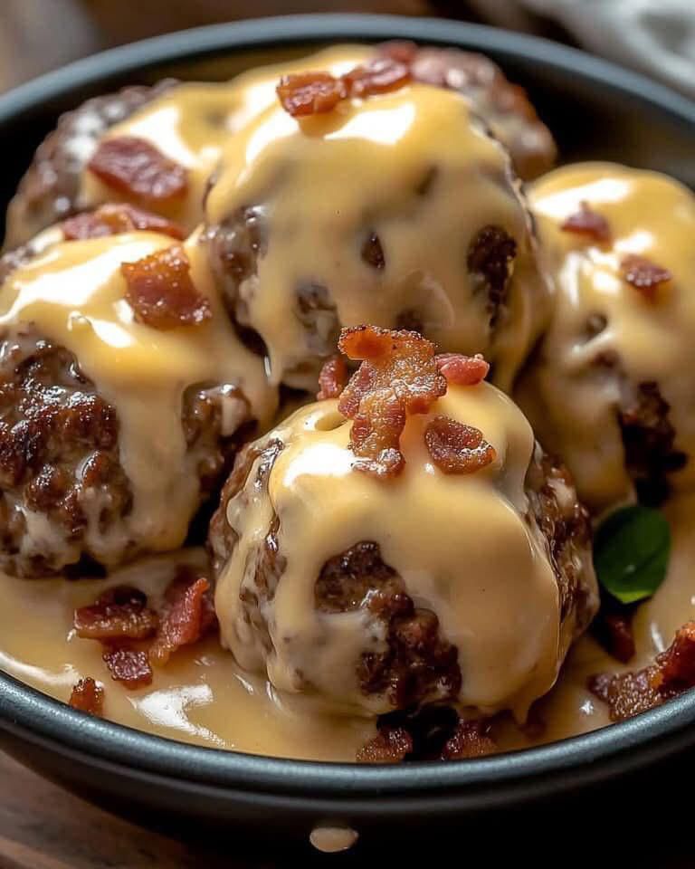 Meatballs with Creamy Cheese Sauce and Crispy Bacon