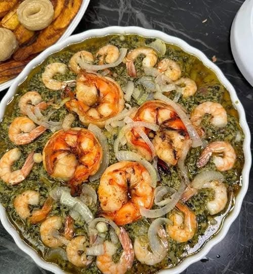 Ndole recipe with meat and shrimps