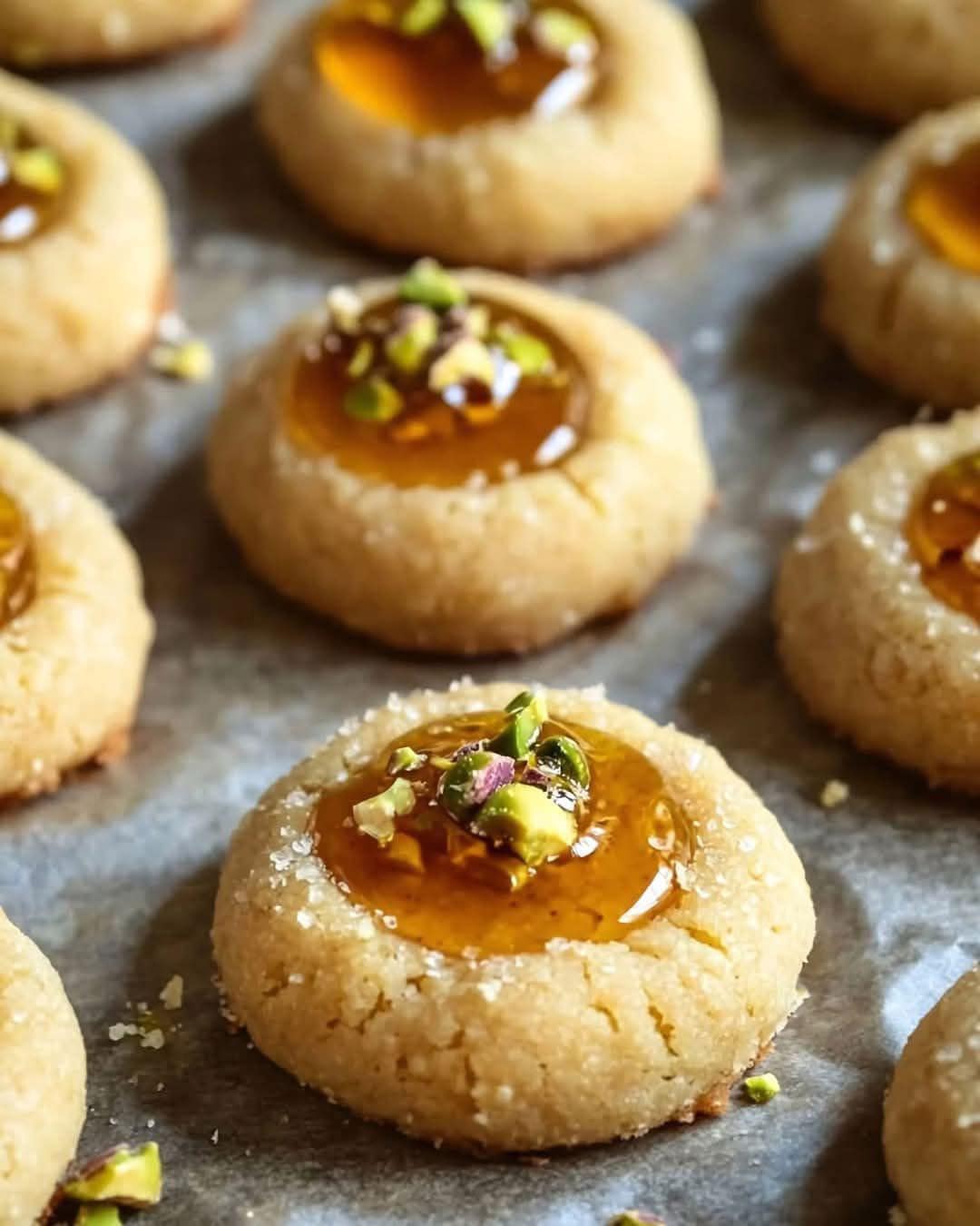 Honey Pistachio Ricotta Thumbprint Cookies