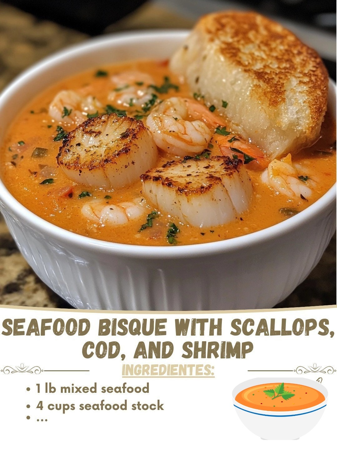 Seafood Bisque with Scallops, Cod, and Shrimp