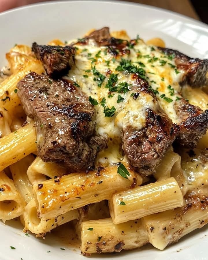 Garlic Butter Steak Tips with Cheesy Rigatoni