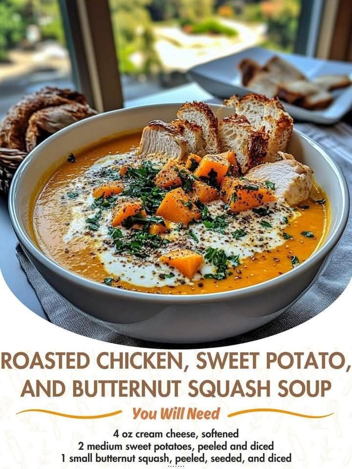 Roasted Chicken, Sweet Potato, and Butternut Squash Soup with Cream Cheese and Toasted Bread Bites