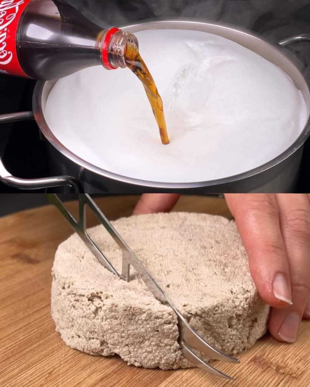 Pour the cola into the boiling milk