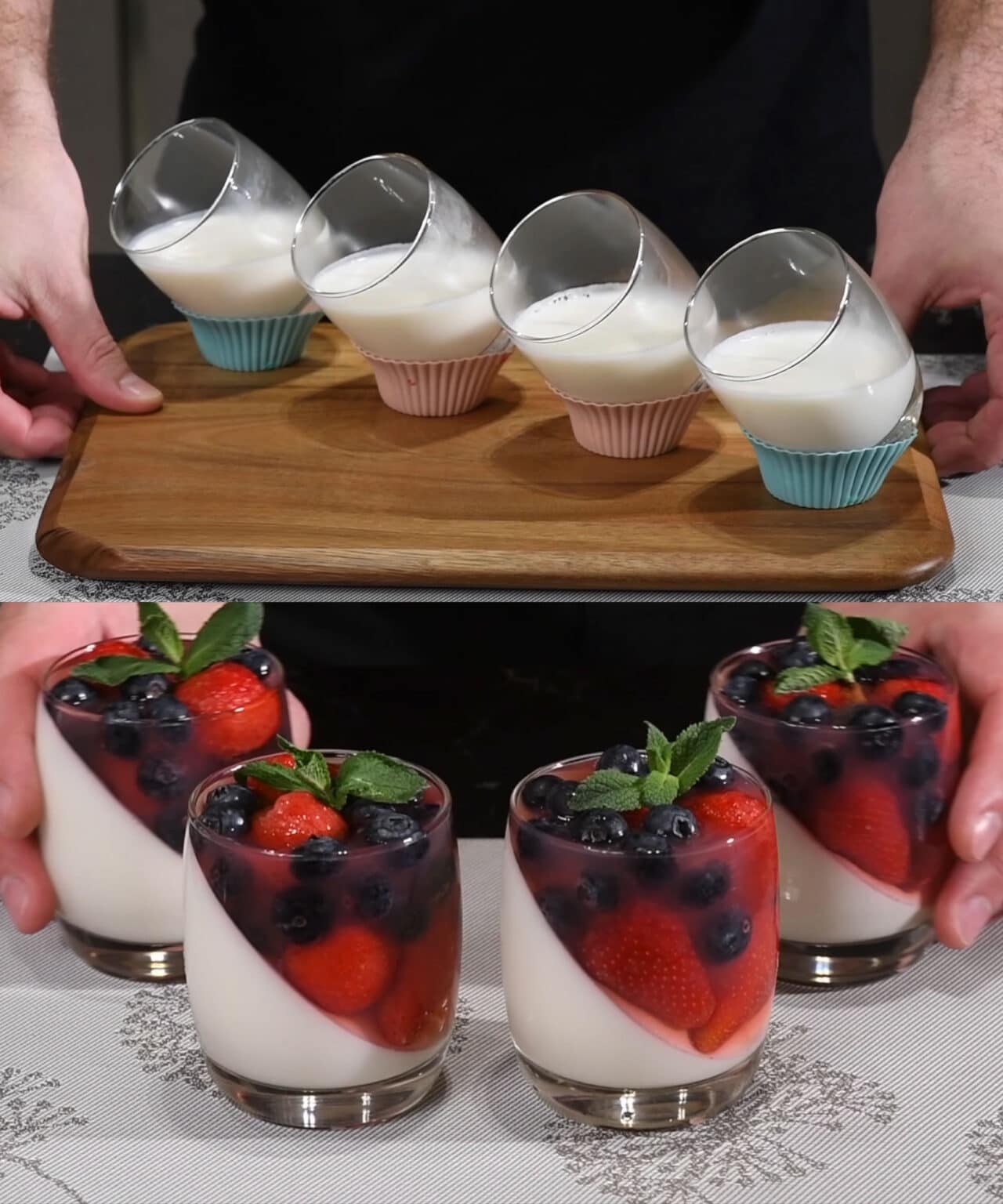 Frische Panna Cotta mit Erdbeeren und Blaubeeren: einfach und ohne Kochen