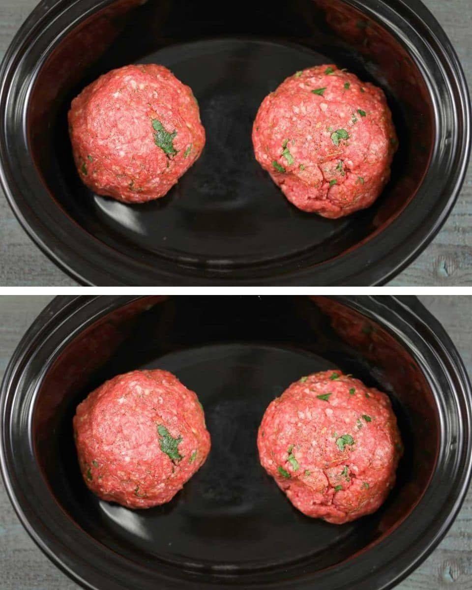 Roll two large meatballs in a slow cooker and enjoy an appetizing dinner