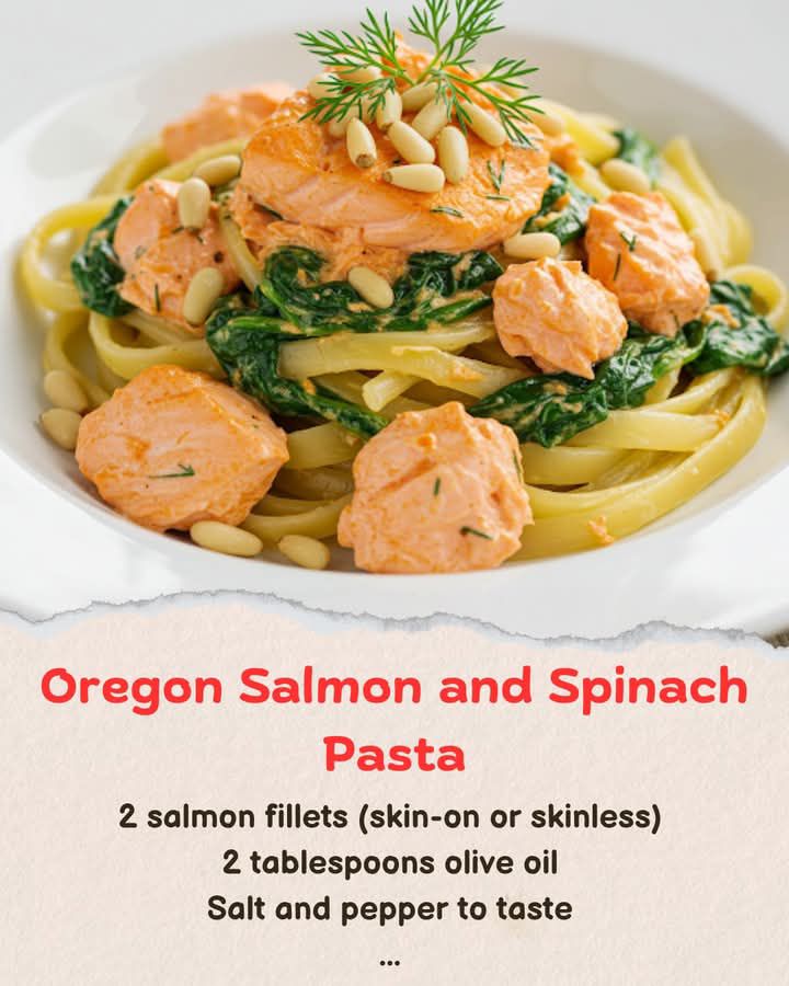 Fresh Oregon Salmon and Spinach Pasta in Creamy Garlic Sauce