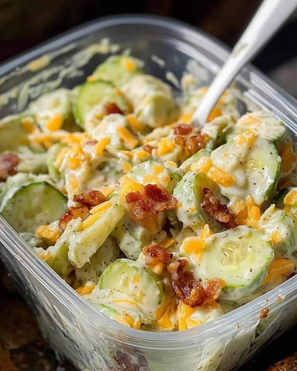 Creamy Cucumber Salad with Cheese and Bacon