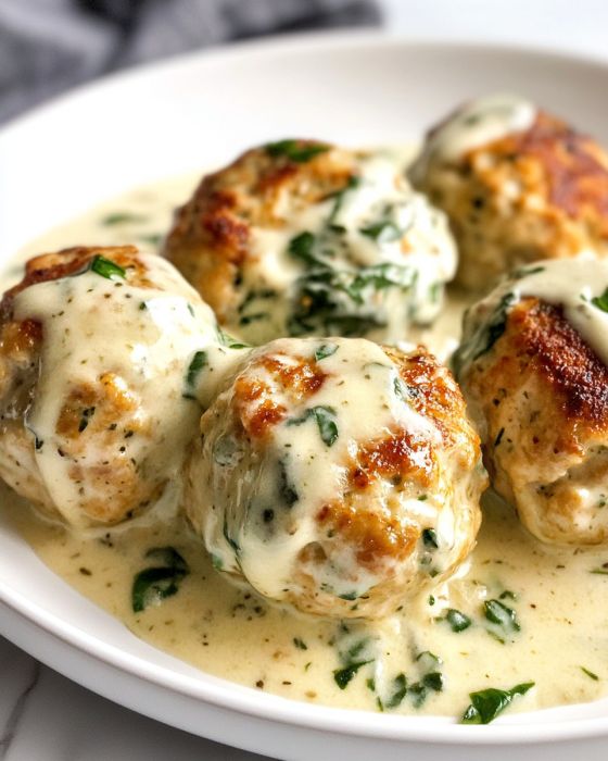 Baked Chicken Ricotta Meatballs with Spinach Alfredo Sauce