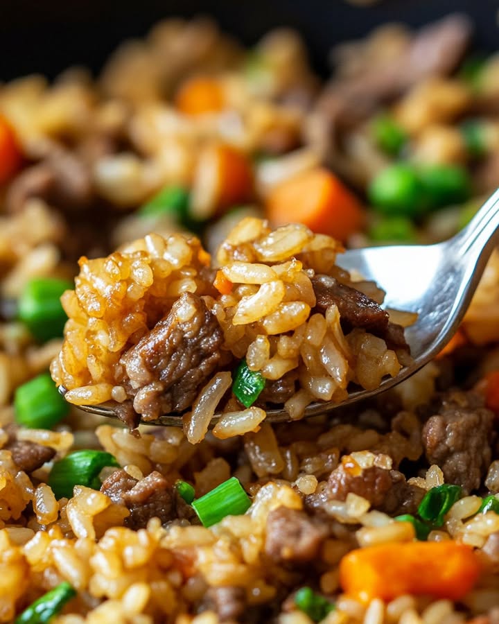 Baked Onion Beef Fried Rice with Mixed Vegetables