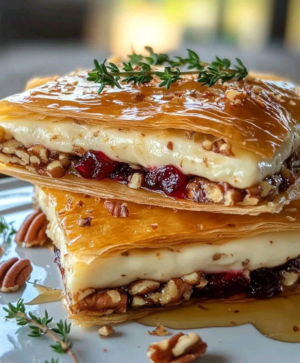 Layered Phyllo Pastry with Brie, Cranberry Sauce, and Pecans