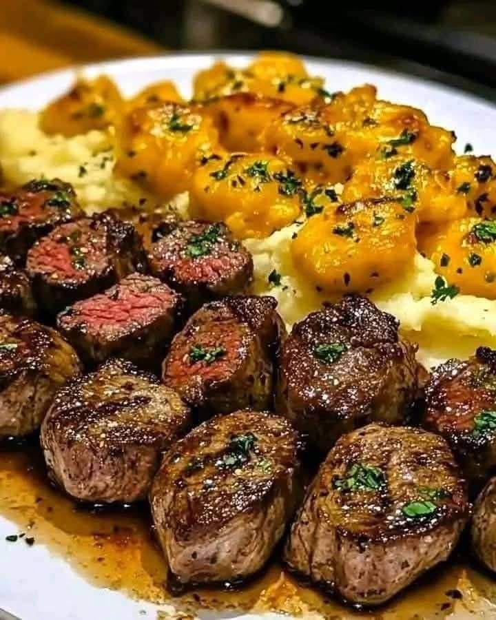 Ribeye Steak Bites and Cheesy Smashed Potatoes