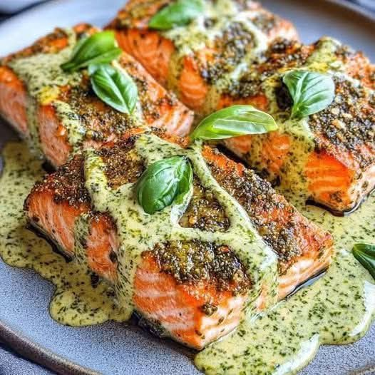 Pesto-Crusted Salmon and Steak with Basil Cream