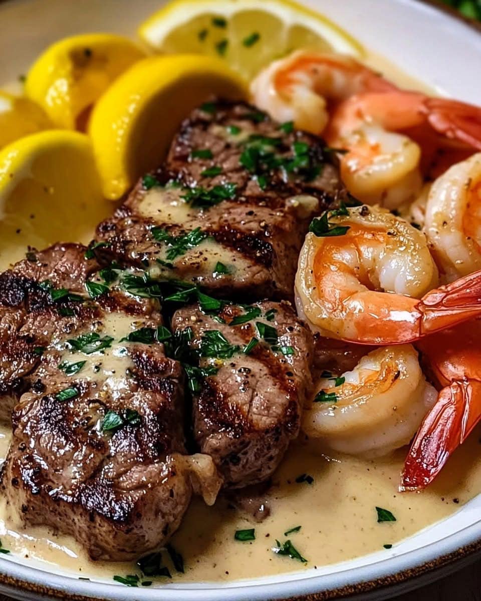 Creamy Lemon Garlic Butter Steak and Shrimp