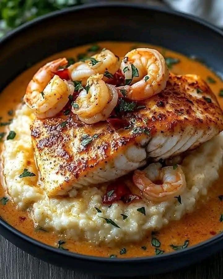 Red Snapper, Shrimp & Grits with a Cajun Cream Sauce