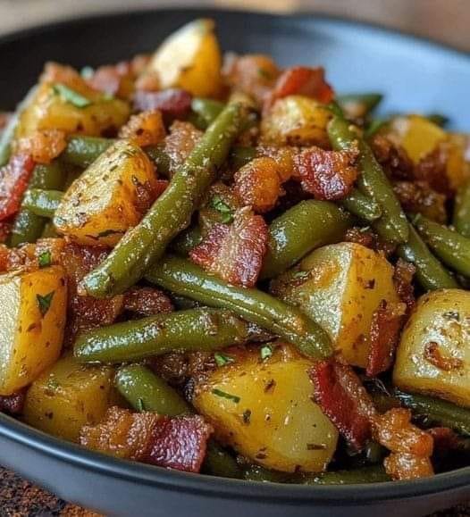 Potatoes and green beans with sausage