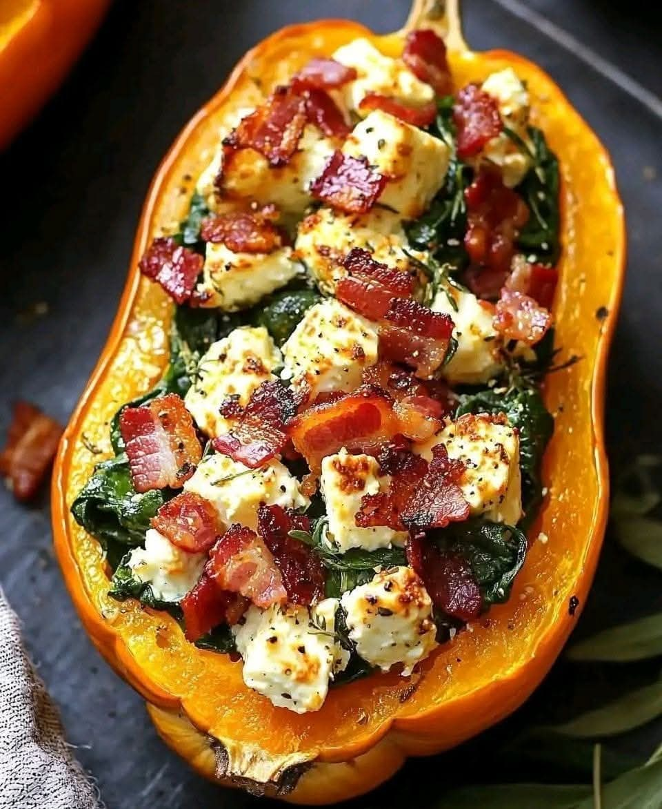 Stuffed Butternut Squash with Feta Spinach and Bacon