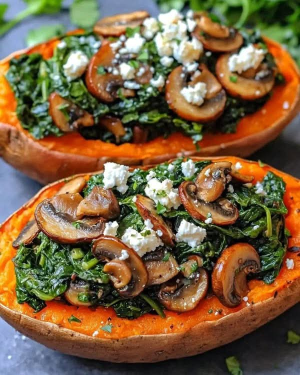 STUFFED SWEET POTATOES WITH SPINACH, MUSHROOM, AND FETA