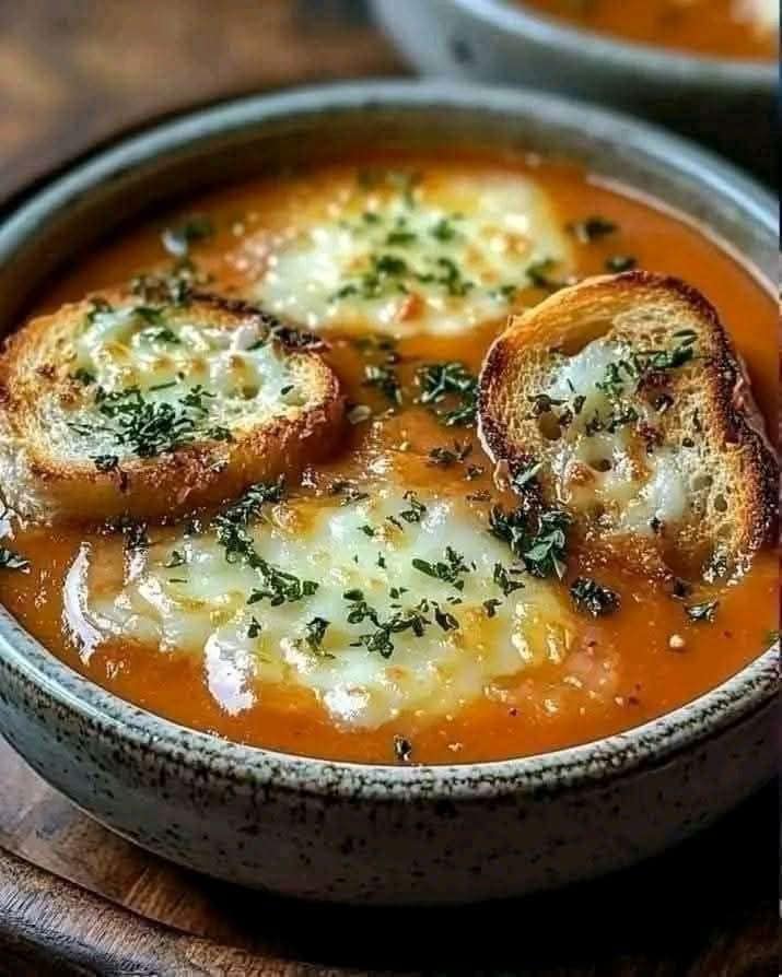 Tomato soup with cheese and onion toast