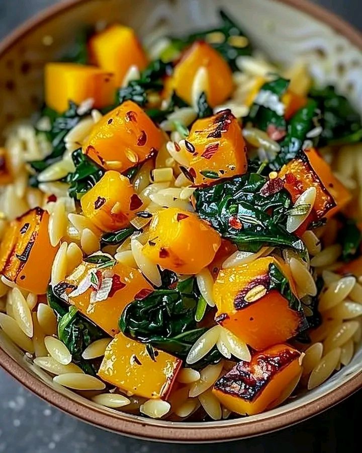 Orzo with Roasted Butternut Squash and Spinach