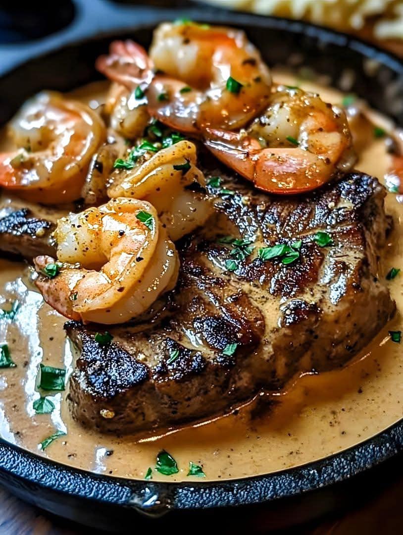 Steak in Creamy Cajun Shrimp Sauce!