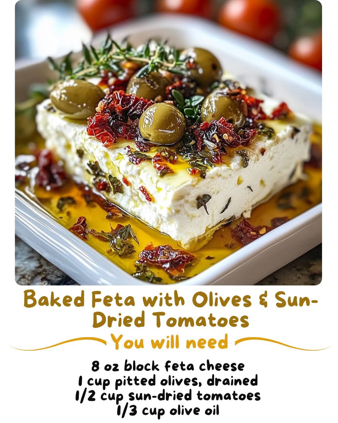 Looking for a delicious appetizer that’s easy to make? This Baked Feta with Olives & Sun-Dried Tomatoes will wow your guests!