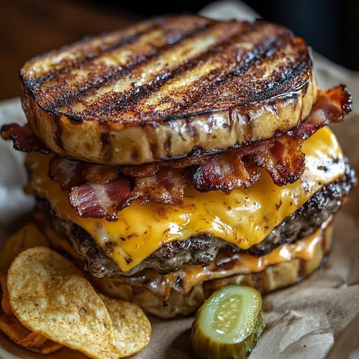 Grilled Plantain Sandwich with Cheese, Bacon, and Pickles: