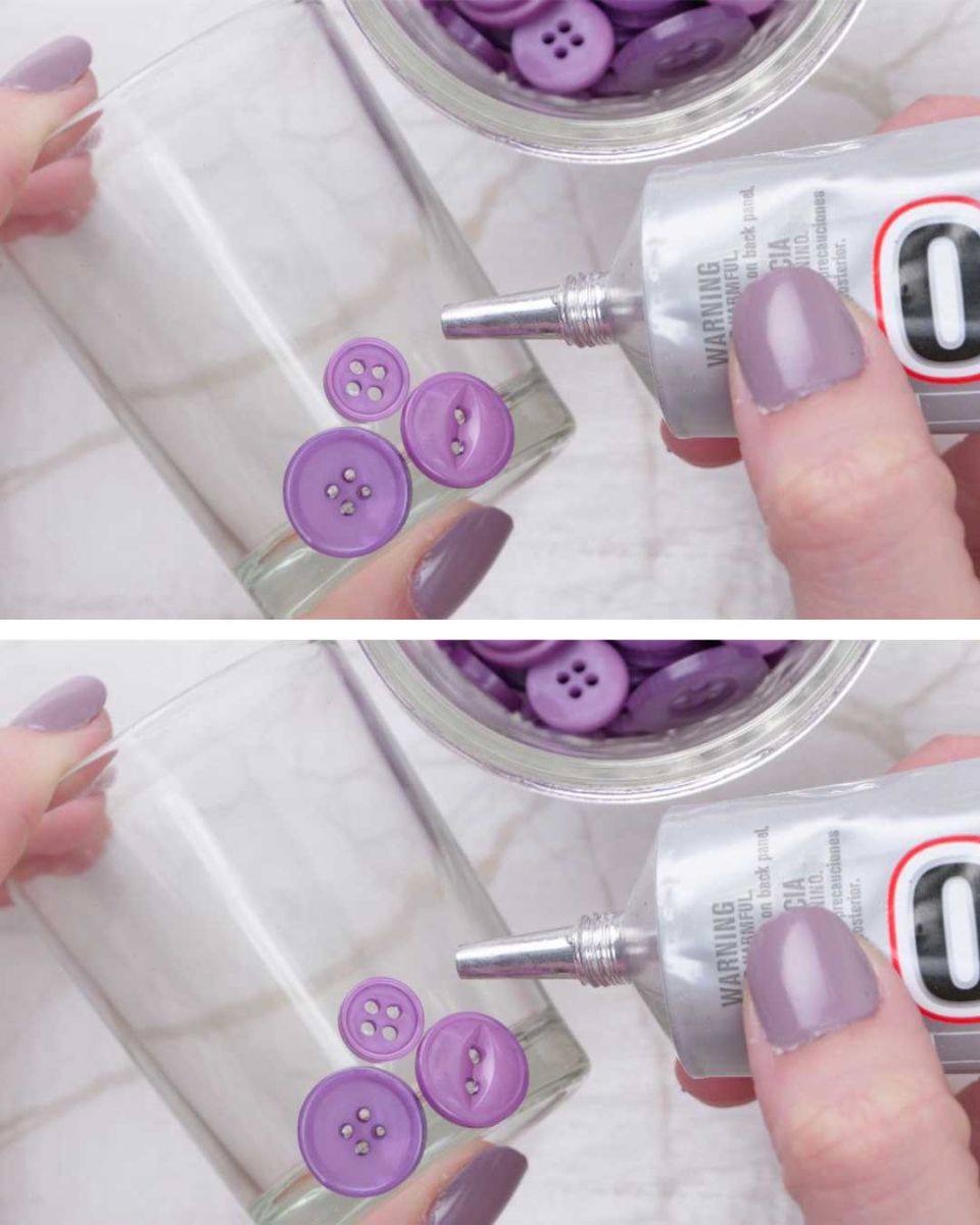 Lady glues buttons over glass, makes charming decor in no time