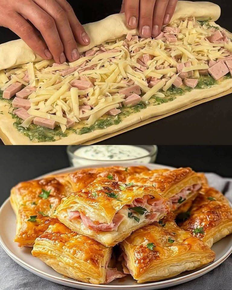 Garlic Butter Ham and Cheese Puff Pastry Twists with Roasted Garlic Sour Cream Dip