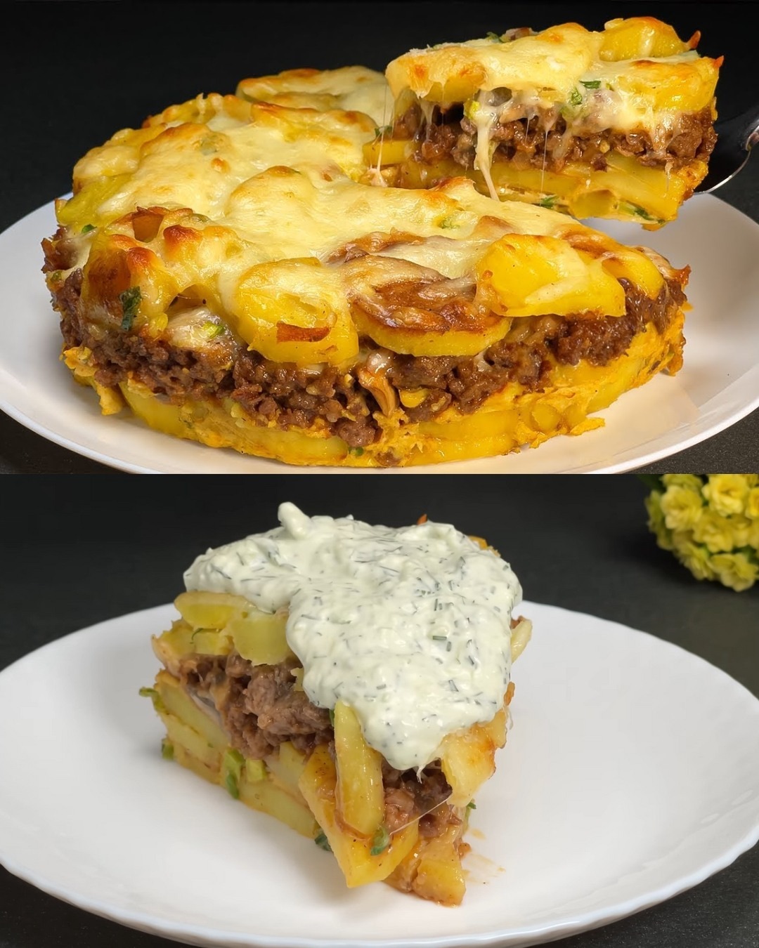 Baked Potato and Meat Casserole with Garlic Yogurt SauceBaked Potato and Meat Casserole with Garlic Yogurt Sauce