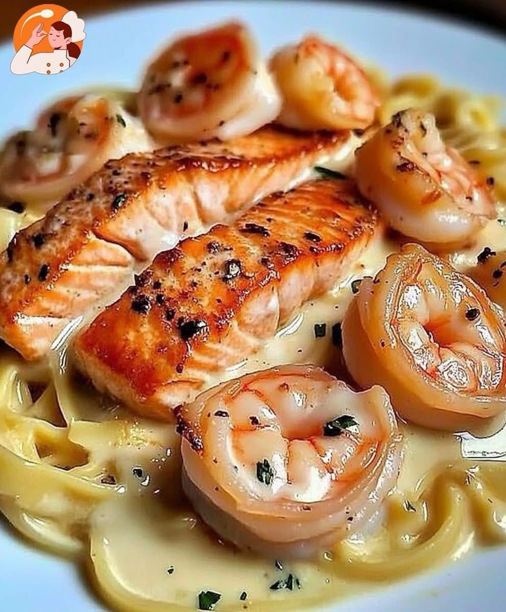 Salmon and Shrimp Alfredo with a Twist