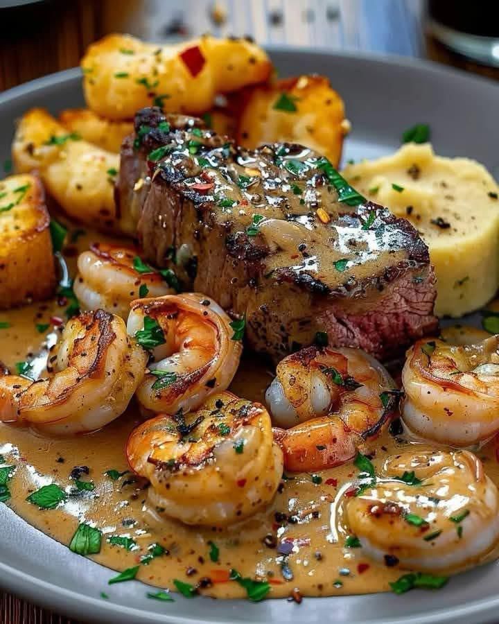 Title: Grilled Steak & Shrimp with Creamy Garlic Sauce