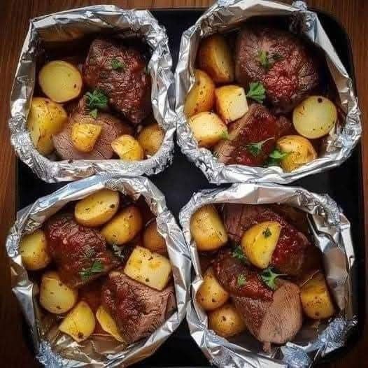 My hubby begs me to make this recipe at least once per week.Garlic Butter Steak and Potato Foil Packets